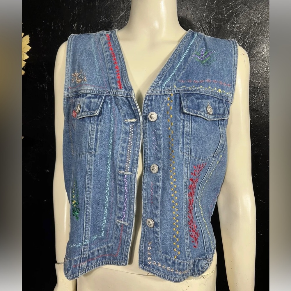 Vintage L Denim Blue Jean Vest Western Wear Boho Hippie Embroidered Floral Rare